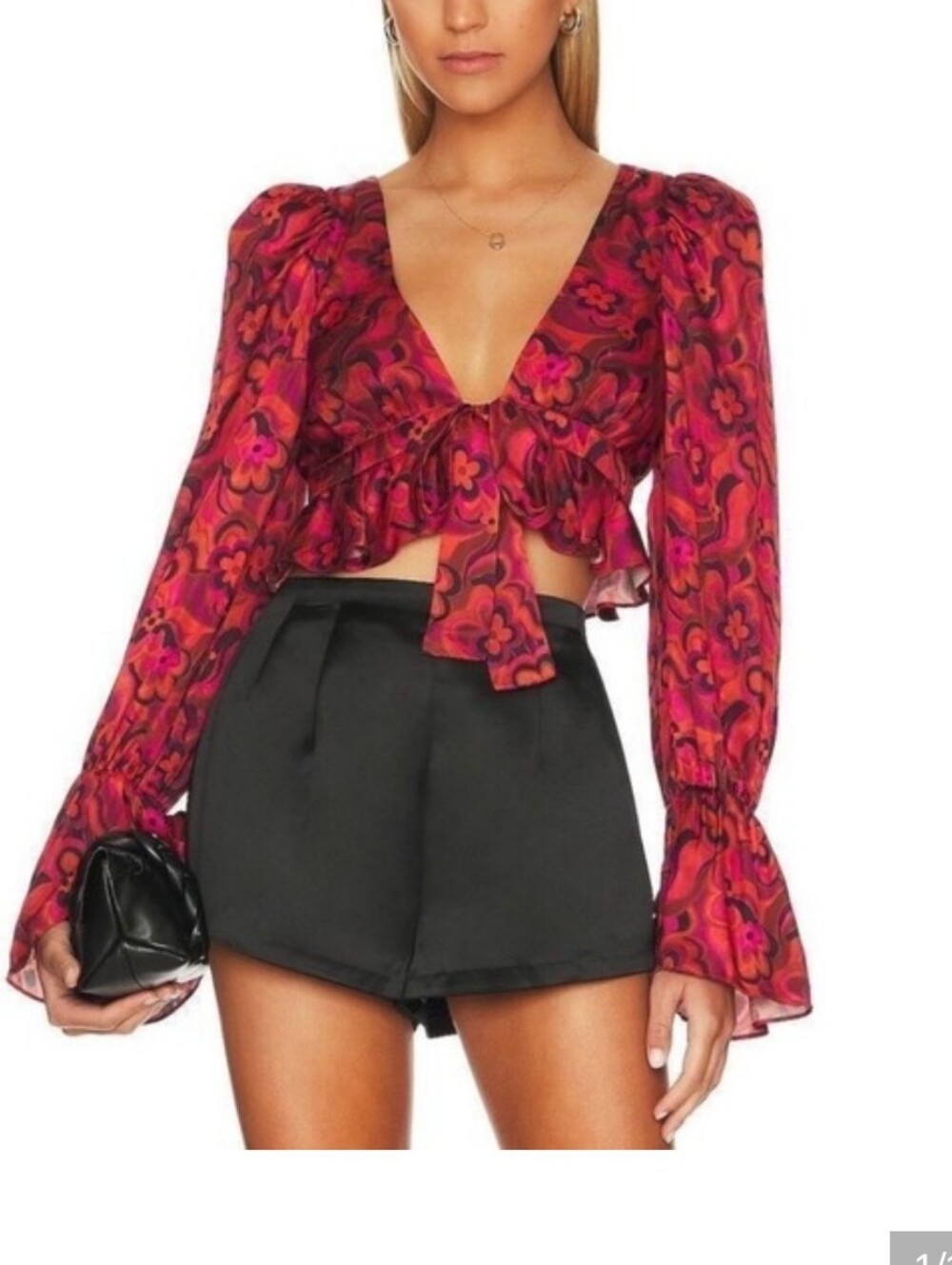 For Love And Lemons Red/black Floral Tie-Front Ruffle Crop blouse size S NWTS